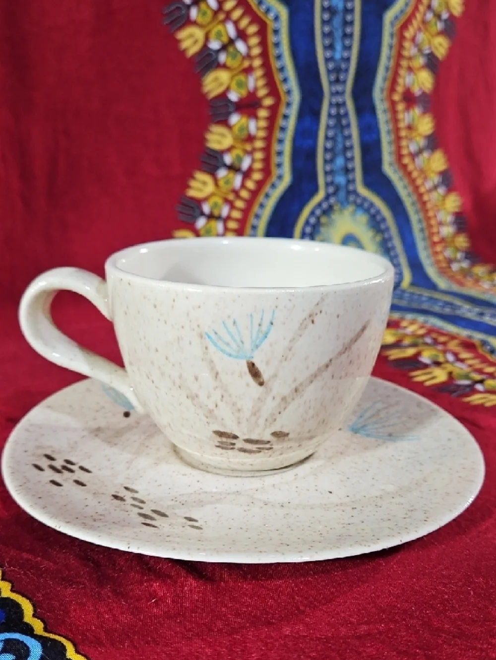 RedWing Speckled Beige Ceramic Teacup & Saucer with Blue Bird Motif